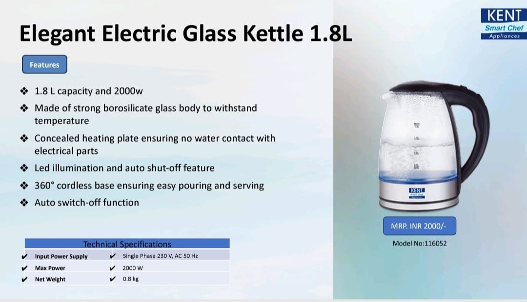 kent elegant electric glass kettle 1.8L